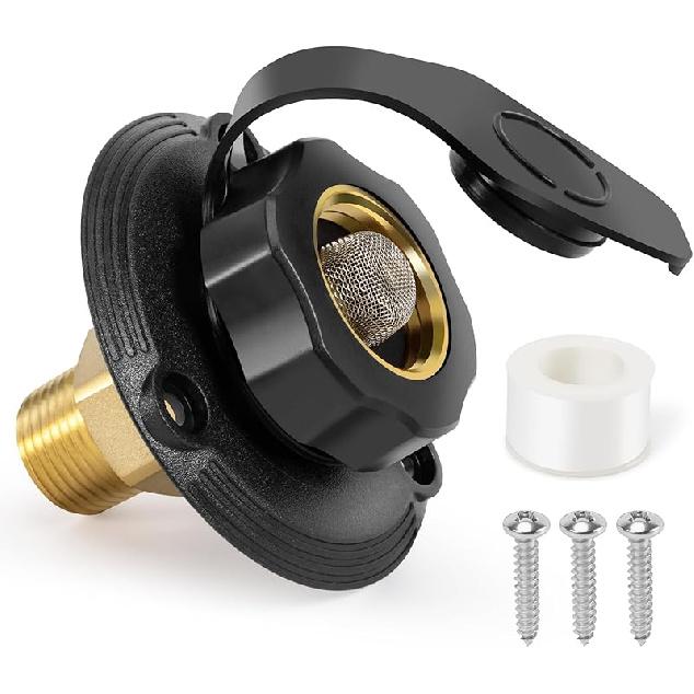 TONDA RV City Water Inlet With Check Valve, Brass Thread RV Water Fill Inlet Replacement, RV Water Hose Connector For Camper, Trailer, Motorhome