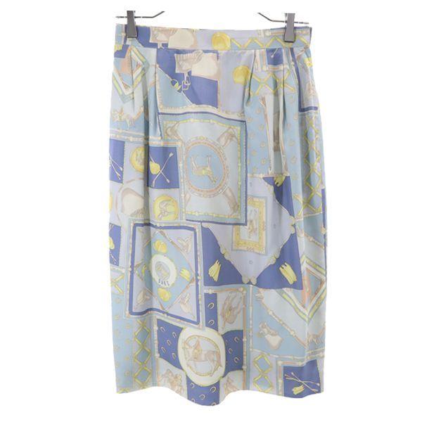 DAKS Silk Blend Riding pattern Long sleeve shirt Setup 9R Blue skirt Women Used