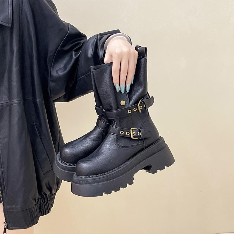 Fashion Versatile Platform Leather Boots Increase the Height of Two Wear Martin Boots Women's Autumn and Winter Retro Buckle Knight Boots Locomotive