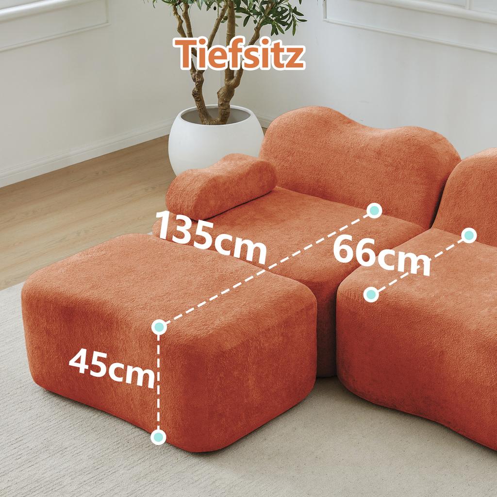 2-Seater L-Shaped Modular Boneless Sofa with 1 Ottoman, Wave Shape, Movable Armrest Cushion, for Living Room & Apartment, No Assembly Required, Orange