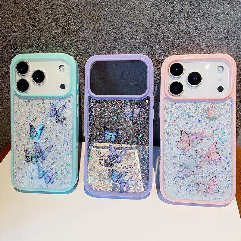 Bling Glitter Butterfly Phone Case for IPhone 17air 16 12 13 14 15 Pro Max Transparent Candy Color Epoxy Silicone Back Cover