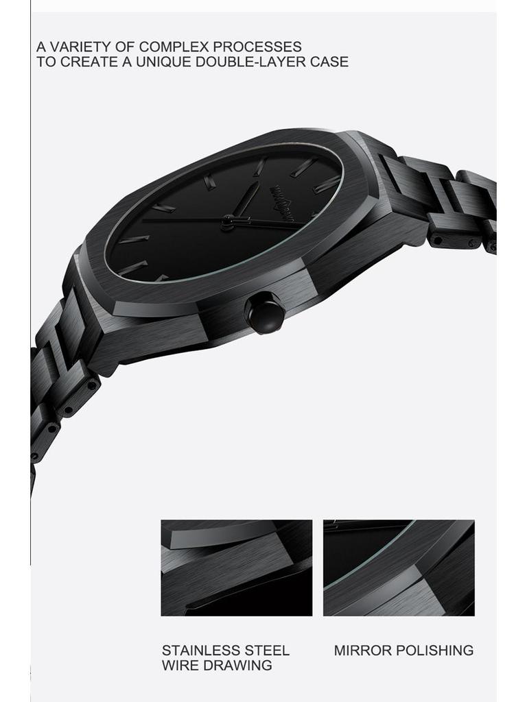Hannah Martin Black Waterproof Watch with Japanese Miyota Movement and Polygonal Stainless Steel Bracelet.