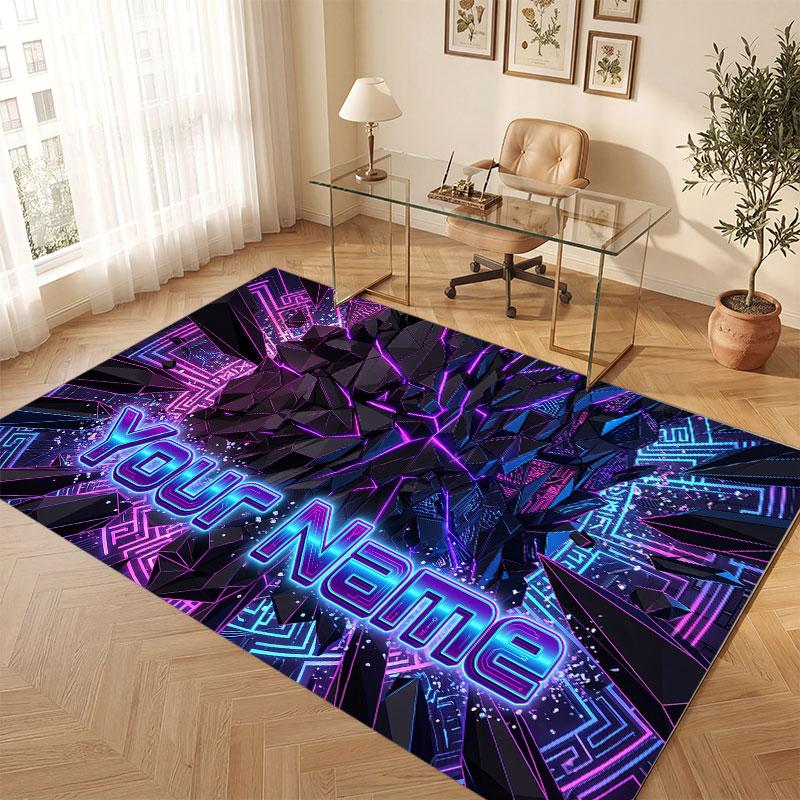 City Cyberpunk Theme Crystal Velvet Floor Rug Personalized Custom Name Text Warm Carpet Home Decoration