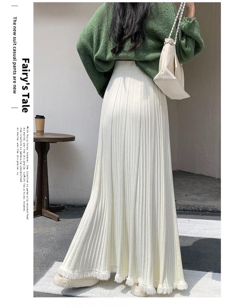 Autumn & Winter Women's Knit Pleated Midi Skirt: Slimming, A-Line, Tassel, Hip-Covering, Big Swing Design