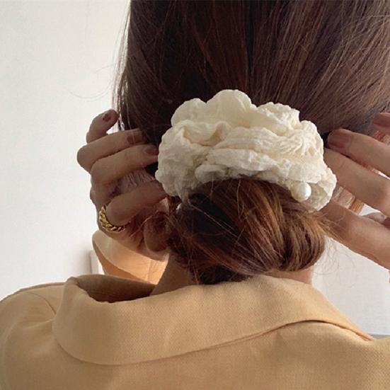 Hair Tie Pleated Texture Imitation Pearls Embellishment Hair Rope Strong Ponytail Holder Buns