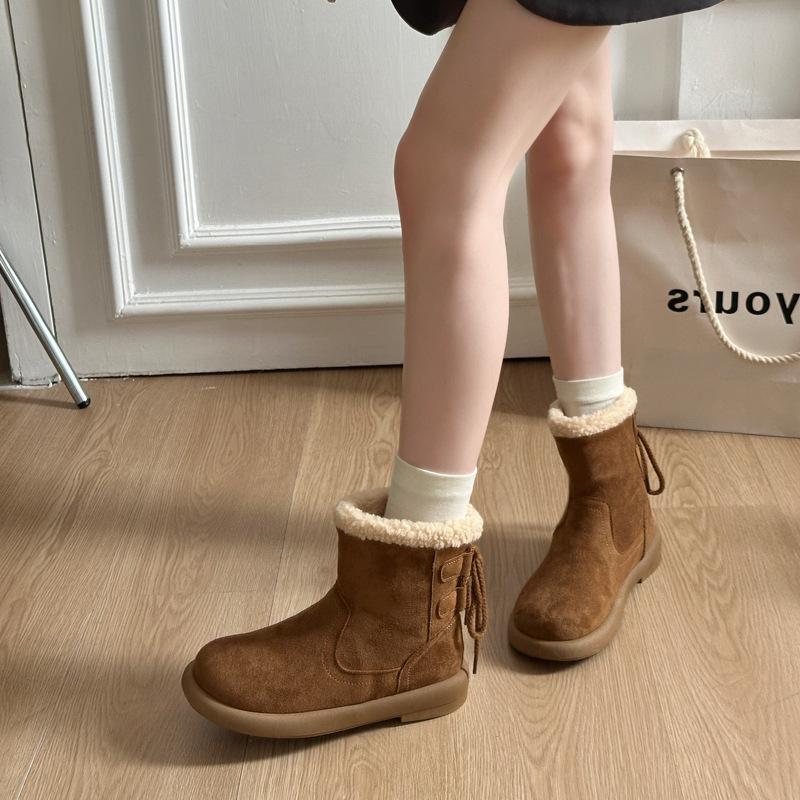 Retro Imitation Leather Lamb Wool Snow Boots Women's 2025 Winter New Piled Thickened Non-slip Wool Cotton Short Boots Snow Boots