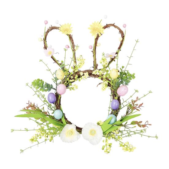 Osterhase Kranz Kleine Hasenform Rattan Kranz mit Pastell-Eiern Blumen für Haustür Innen Außen Frühling Haus Fenster Wand Dekoration