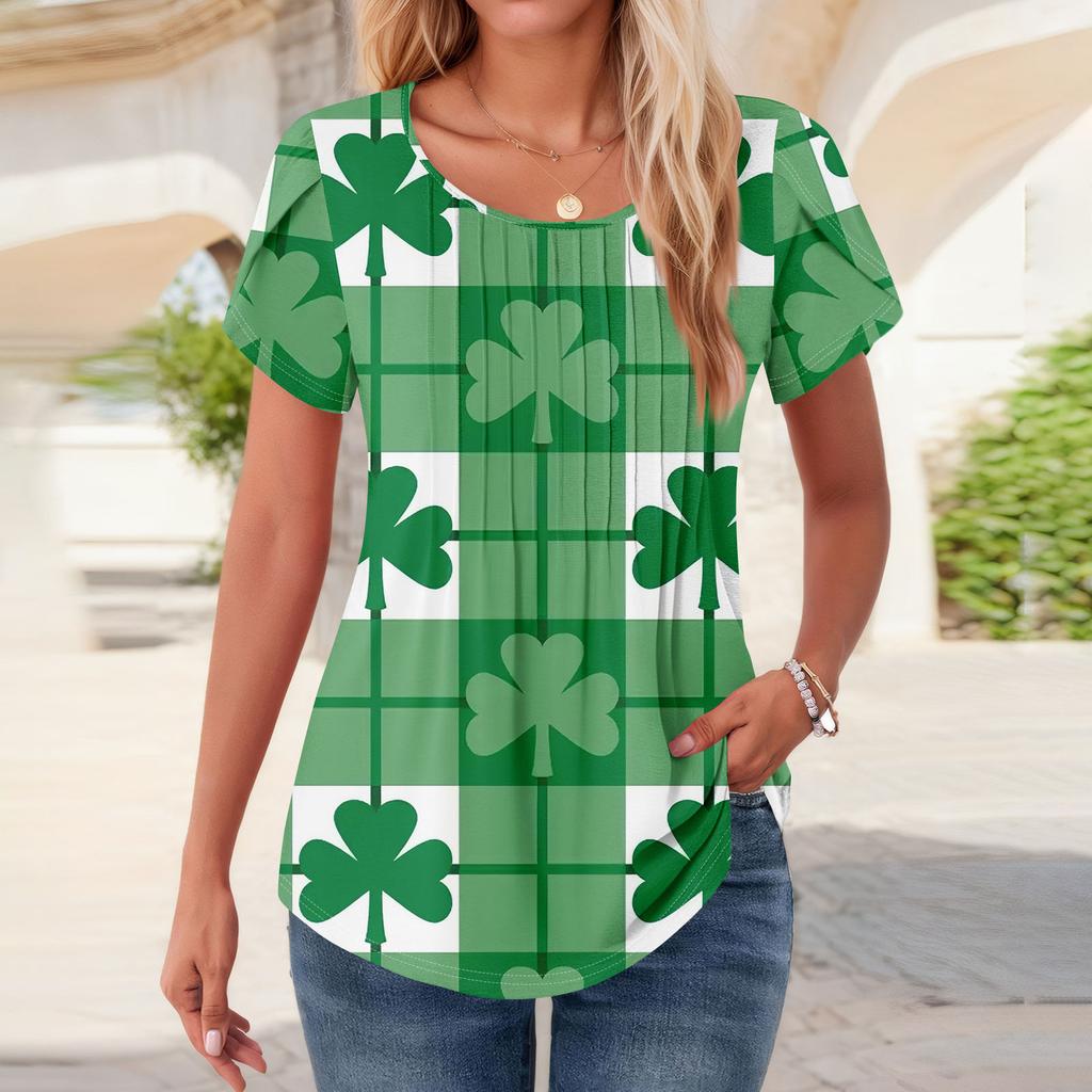 Womens Tops Petal Short Sleeve Summer Round Neck Shirts St. Patrick's Day Printing Blouses For Women Dressy Casual