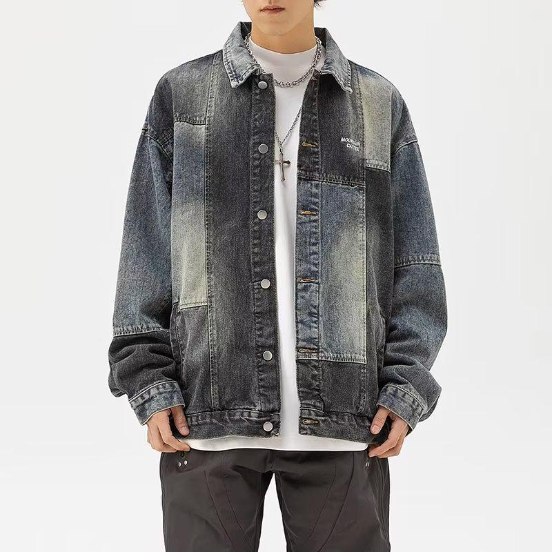 

Модная американская хип-хоп стиль стираный деним цветовая панель лацканы куртка XL синий