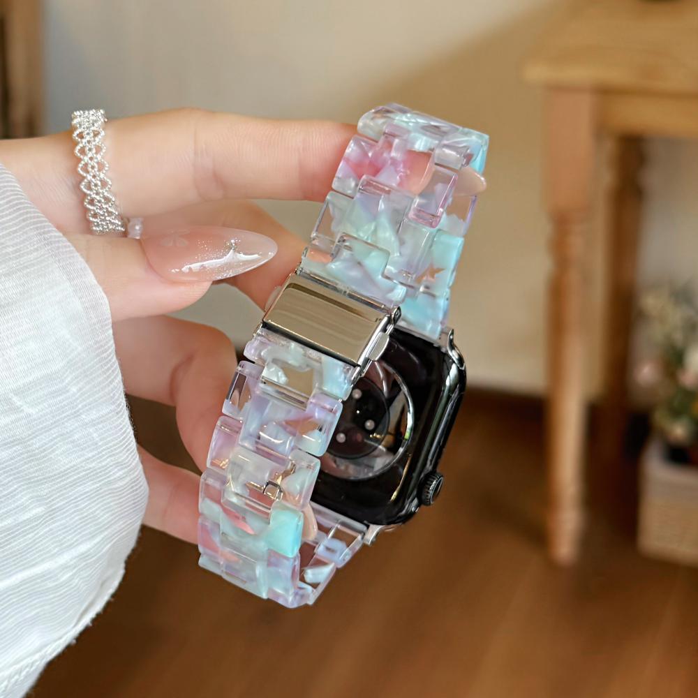 Marble Shell Pattern Resin Watch Band Butterfly Buckle Strap Compatible with Apple Watch Series 1–11 / SE / Ultra Fits 38–49mm