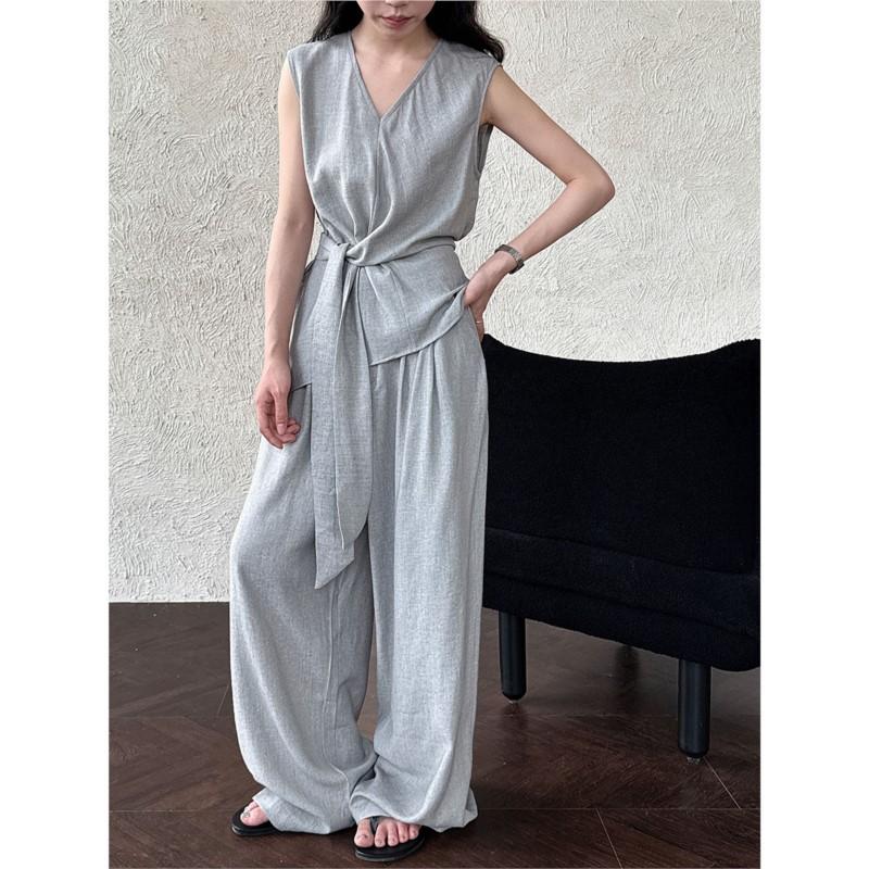 

Johnature Korean Sleeveless Top Wide-leg Pants Two Piece Sets Women Summer Casual Sleeveless Comfort Sets M серый