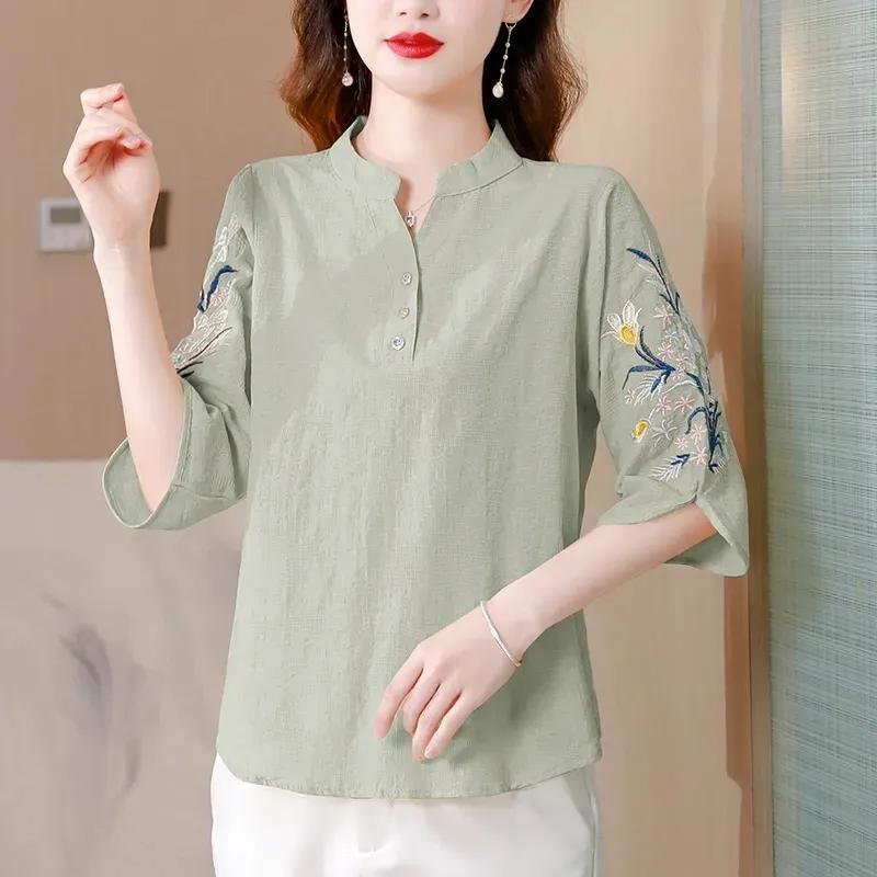 Women's Shirt Spring Summer Middle Aged Mother V-neck Leisure Ladies Shirt  Fashion Ethnic Style Elegant Lady Blouse