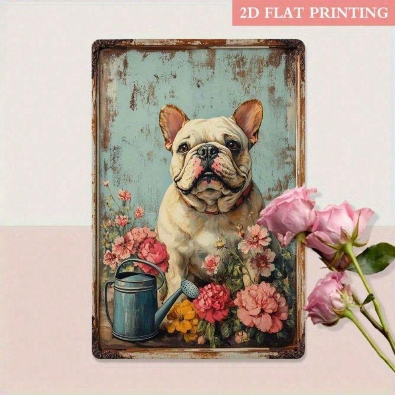 Vintage French Bulldog Metal Poster Wall Art, Flowers Living Room Decor