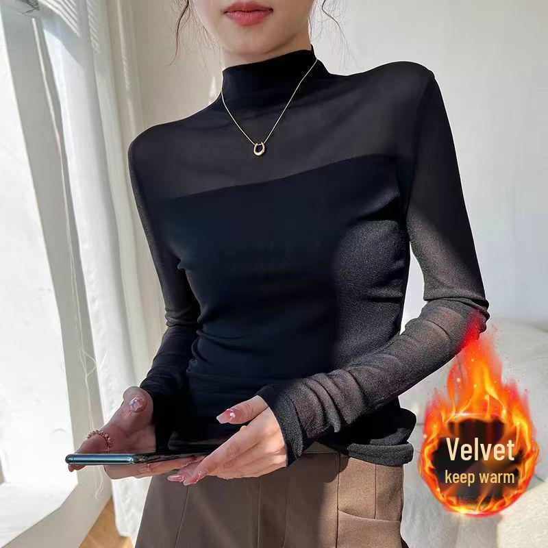 Stylish Slim-Fit Patchwork Lace Mesh Velvet Base Layer Top - High-Neck, Long-Sleeved for Autumn/Winter 2025