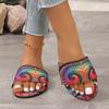 European and American foreign trade large size graffiti flat bottom one-word drag shoes women's new outer wear candy color square head beach sandals