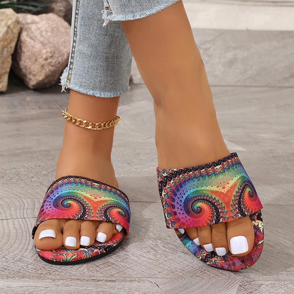 European and American foreign trade large size graffiti flat bottom one-word drag shoes women's new outer wear candy color square head beach sandals