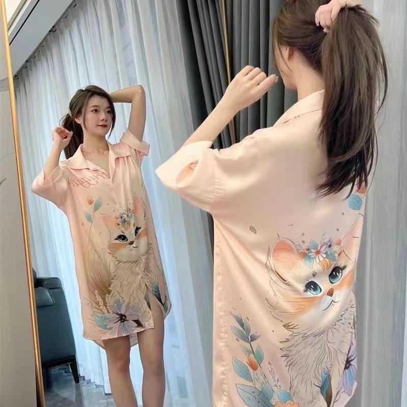 Cămașă Mânecă Scurtă Cămașă de Noapte Sexy pentru Femei de Lungime Medie pentru Acasă cu Imprimeu Pisică