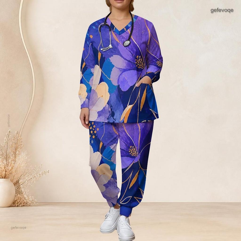 Women Plus Size Printed Nurse Scrub Set V Neck Long Sleeve Top And Pants With Pockets