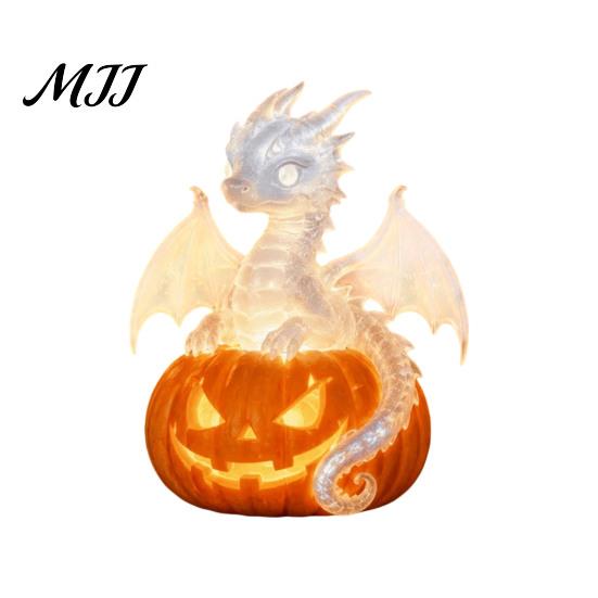 Fantasy Harz Ornamente Halloween Kürbis Lampe, Gotische Leuchtende Tischdeko für Zuhause, Dunkle Raum Akzente Gruseliger Drache Geist Schwarze Katze Ornament,
