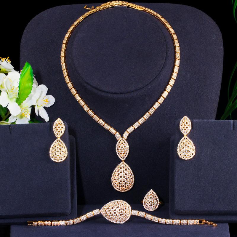 Gold-Plated Diamond Drop Necklace Earrings Bracelet Ring Jewelry Zircon Four-Piece Set