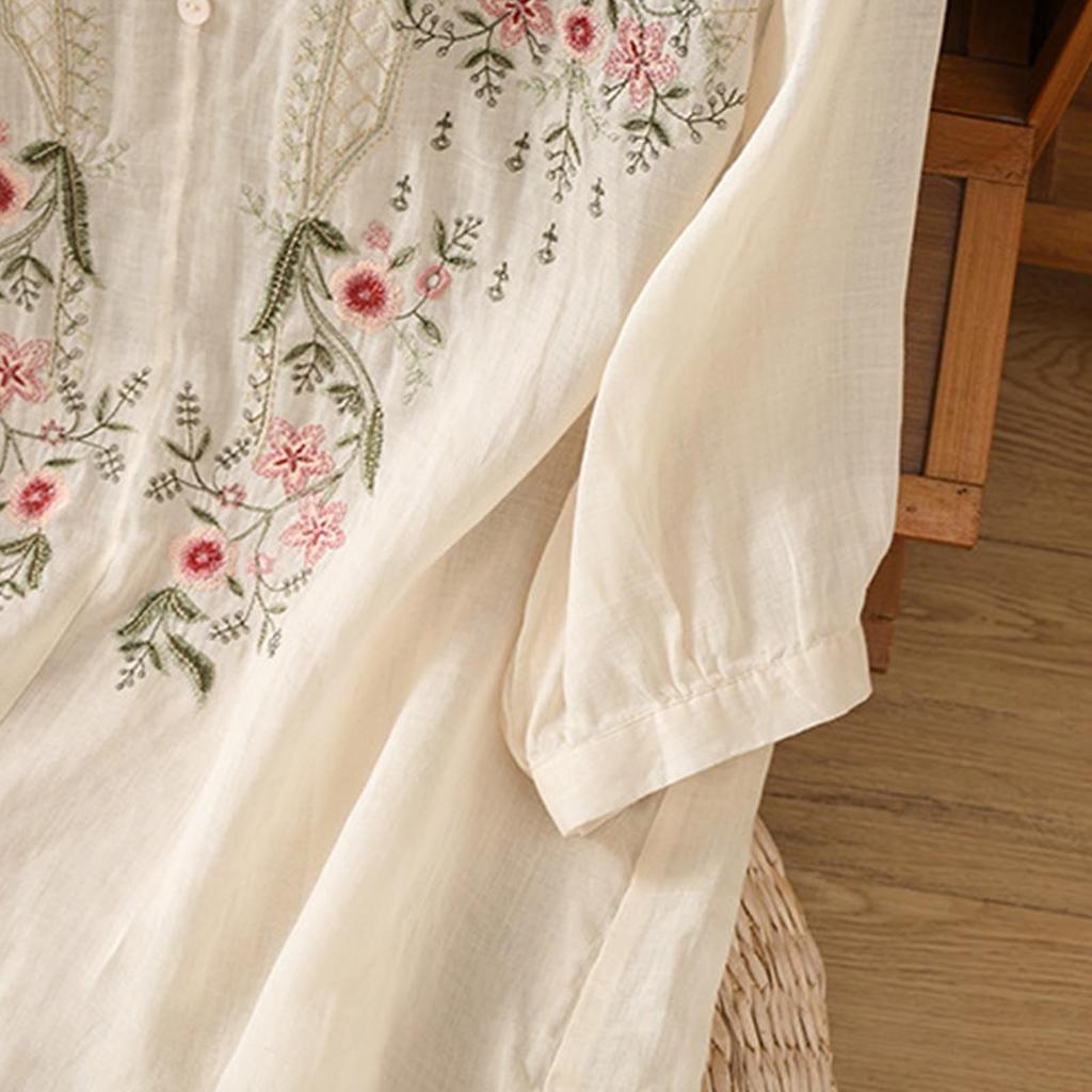 Fashion Women's Shirt Five-quarter Sleeve Spring And Summer Loose Top Embroidered Shirt