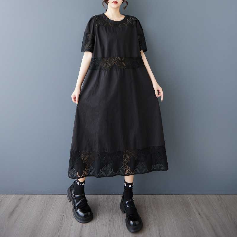 Damen Spitzen-Ausschnitt Patchwork Kleid, Modisches lockeres Hemd, Langer Rock