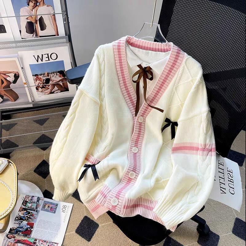 Sweet Bow Knitted Cardigans Y2k Aesthetic All Match Contrast Color Coats Fashion Single Breasted Women Kawaii JK Sweaters Jumper