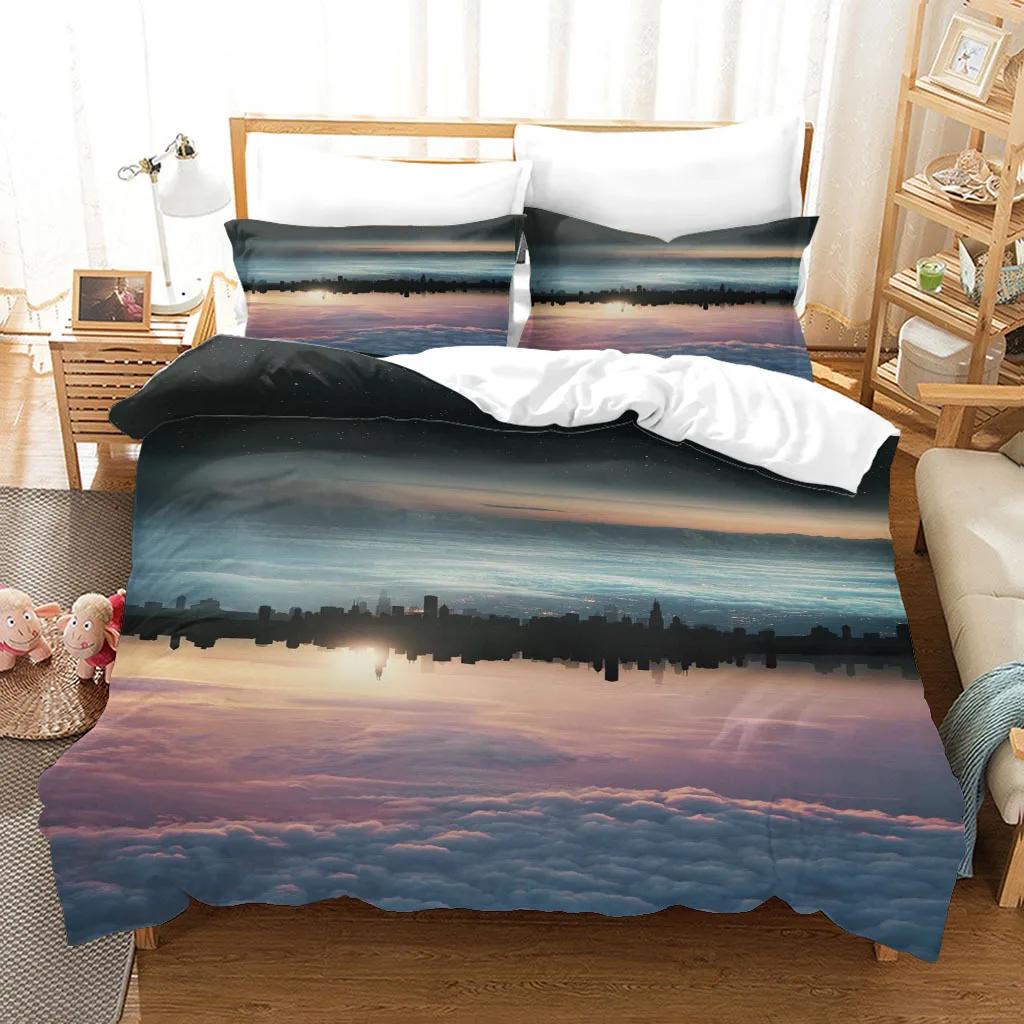 Natural Landscape King Queen Duvet Cover Comic Ink Painting Style Bedding Set Adults Tree Mountain River Polyester Quilt Cover