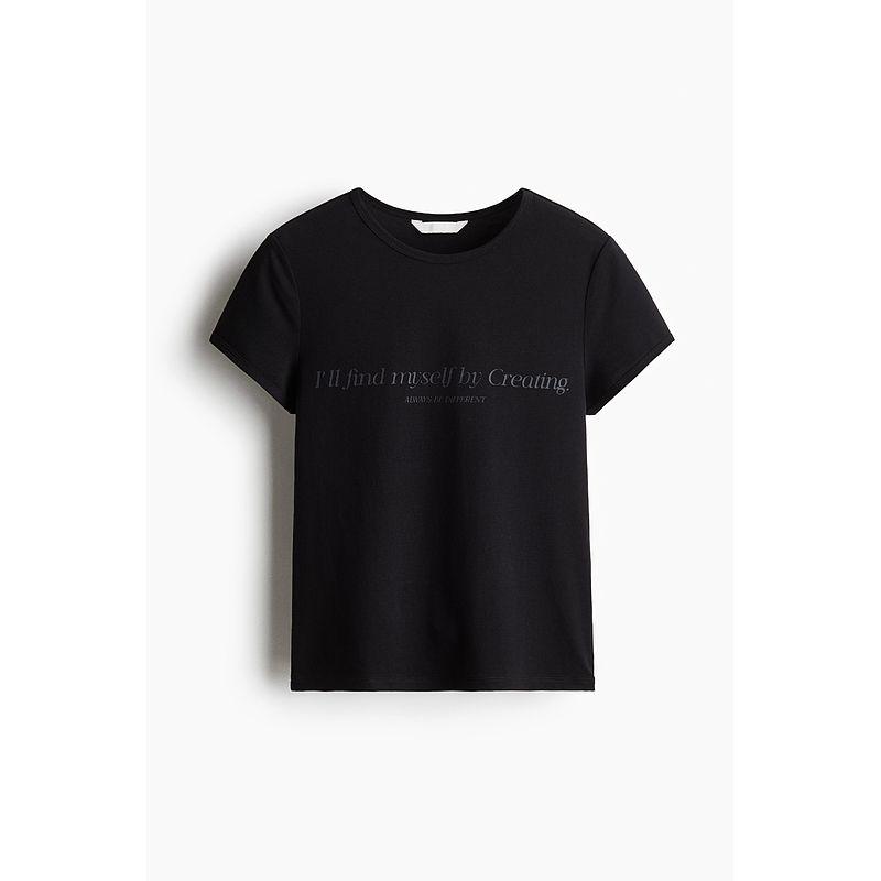 

HM Women s T-shirt 2025 Summer New round Neck Letter Pattern Soft Knitting Jersey Short Sleeve Tops 1297168 Black/Creating 150/76(XXS)