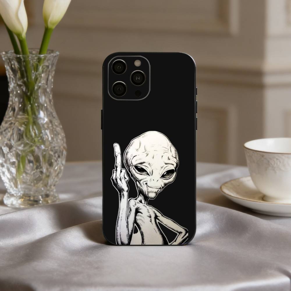 Funny S-Space UFO A-Alien T-Thing Phone Case For iPhone 17,16,15,14,13,12,11 Plus,Pro Max,XS,Soft Silicone Black Cover