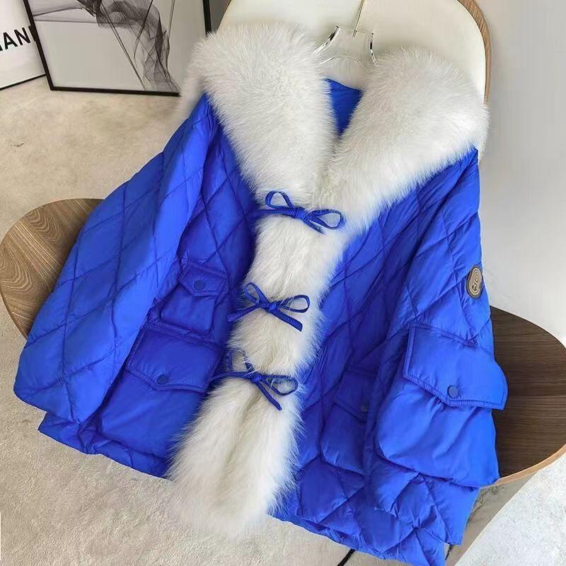 

New Navy collar fur imitation fox hair long down cotton jacket women s winter tide XL синій
