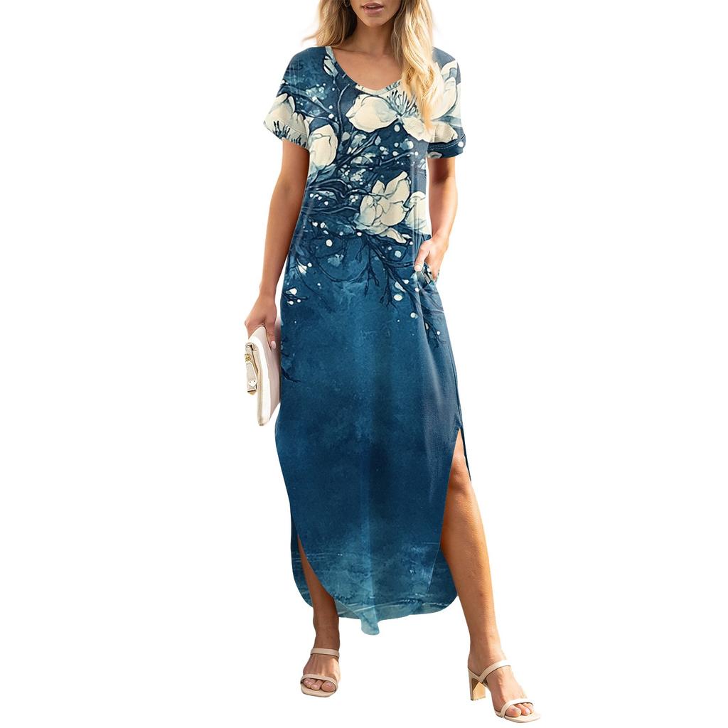 Dámské letní šaty s květinovým potiskem pro volný čas, plážové maxi šaty s krátkým rukávem