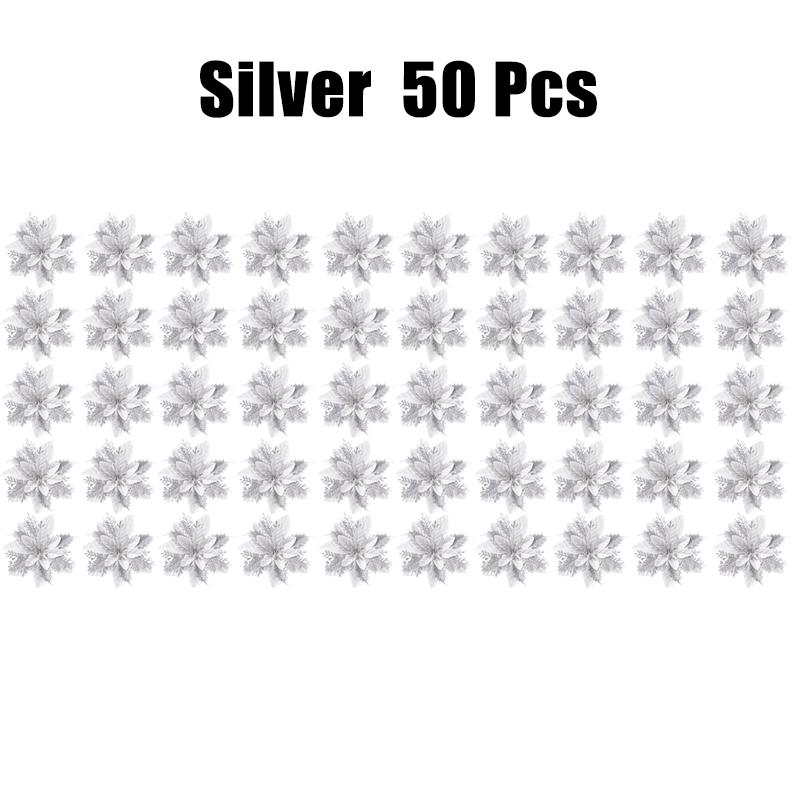 10/30/50PCS Glitter Christmas Flowers Fake Flower Tree Decorations 2026 Home Tree Pendant Ornaments Navidad New Year Gift