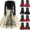 Ausgestelltes Kleid mit Weihnachtsdruck für Damen, langärmelig, hohl, Party, Freizeitkleider