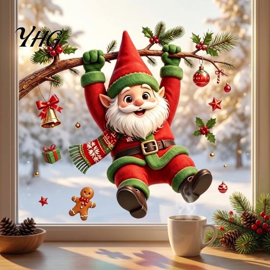 Reusable Window Stickers Cute Gnome Christmas Static Cling, Removable Decal with Holly Bell Party Supplies Gingerbread Snowflake, Holiday Decor