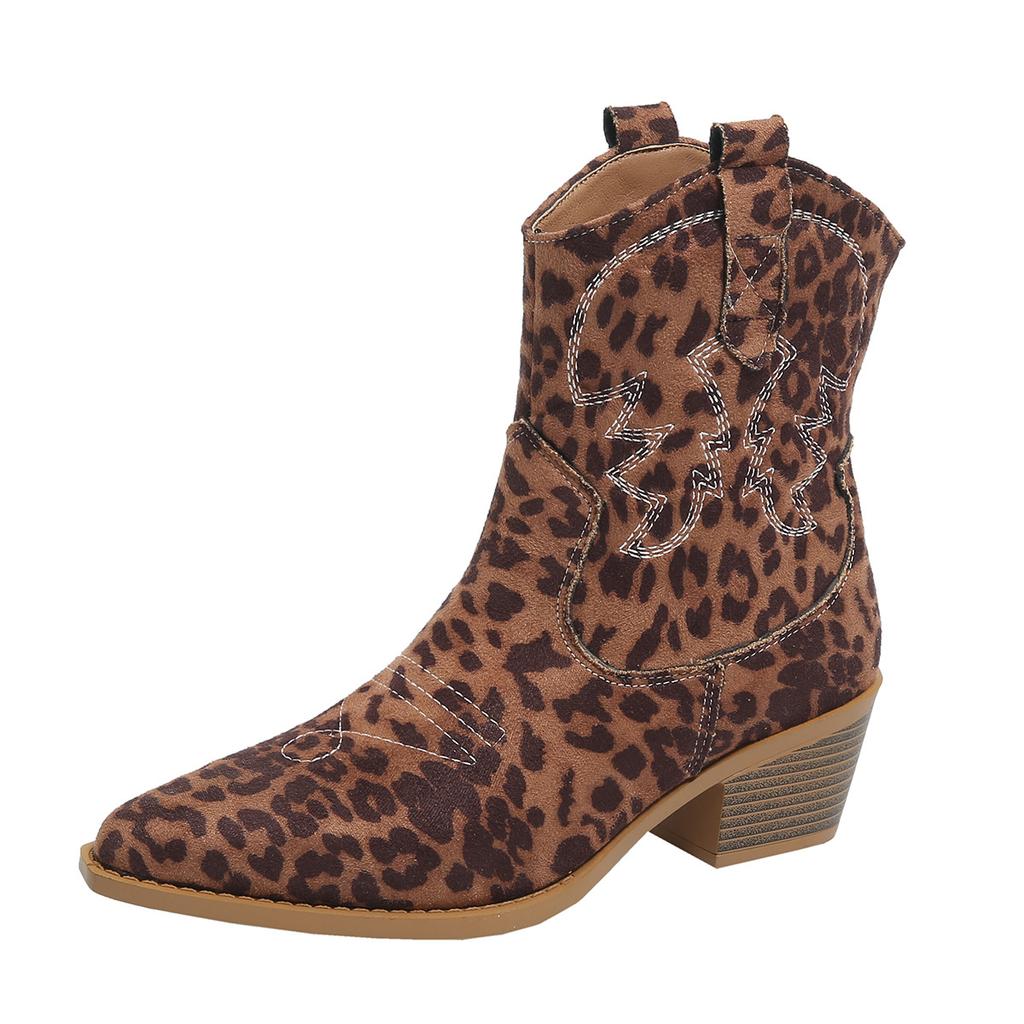 Size New Short Western Cowboy Boots Women's Suede Thick Heel Pointed V-mouth Thin British Retro Short Boots Women