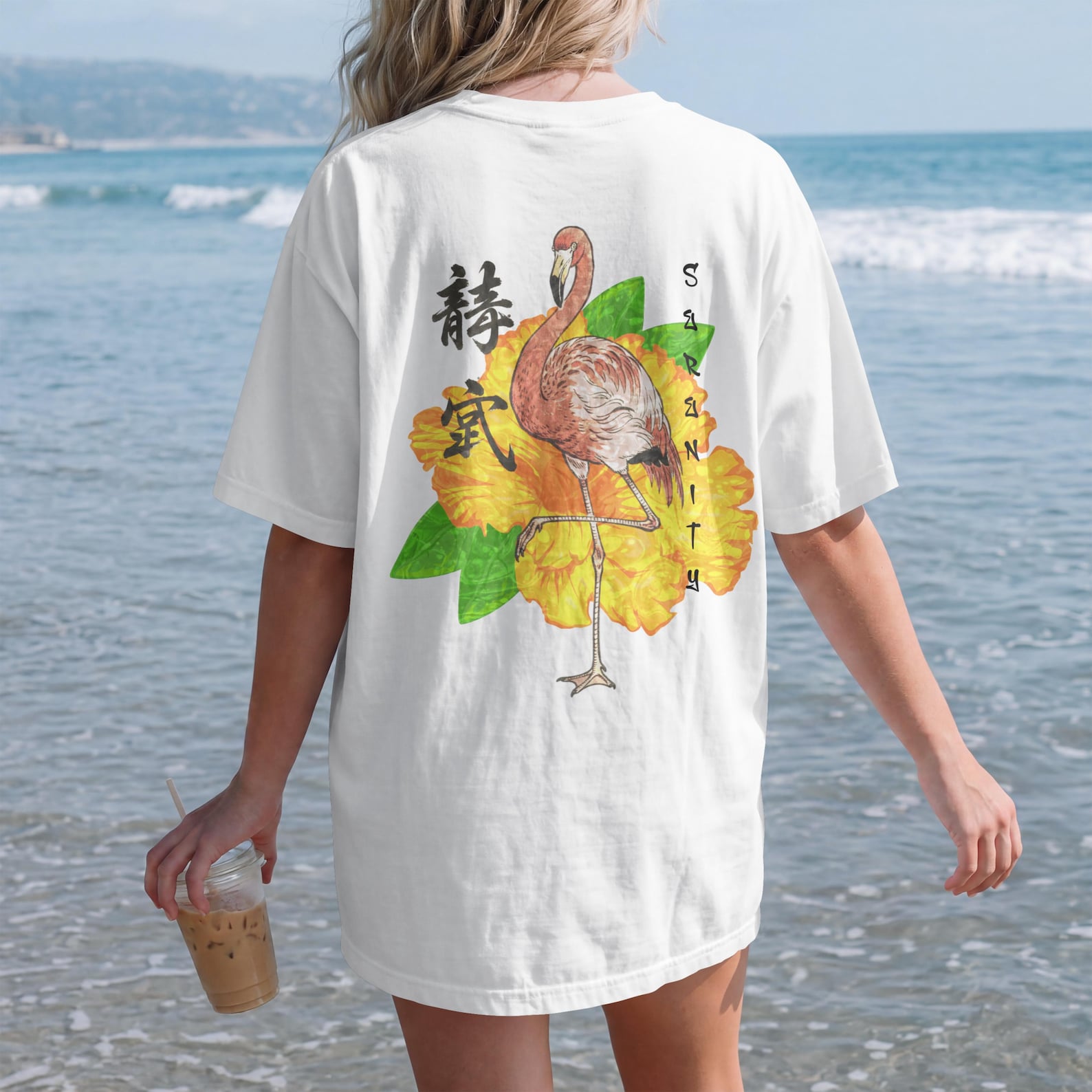 Serenity Flamingo Hibiscus Tropical Flowers T-Shirt | Pink Bird Summer S
