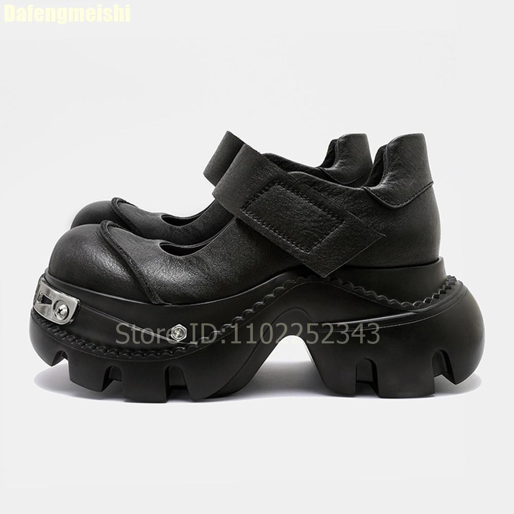 Fashion 2025 New Thick-Soled Mary Jane Shoes Women Punk Style Summer Shallow Round Toe Black Leather Shoes Height-Increasing Pumps