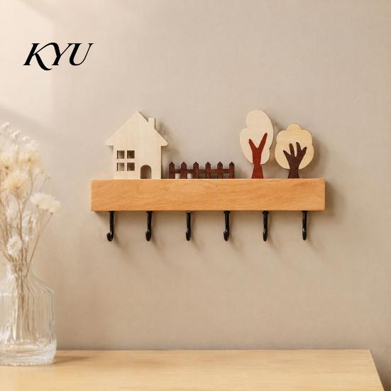 Wooden Hat Rack Key Holder, Solid Wood Organizer with 6 Hooks, Modern Wall Mounted Badge Holder Hanger for Entryway Kitchen And Office Organization