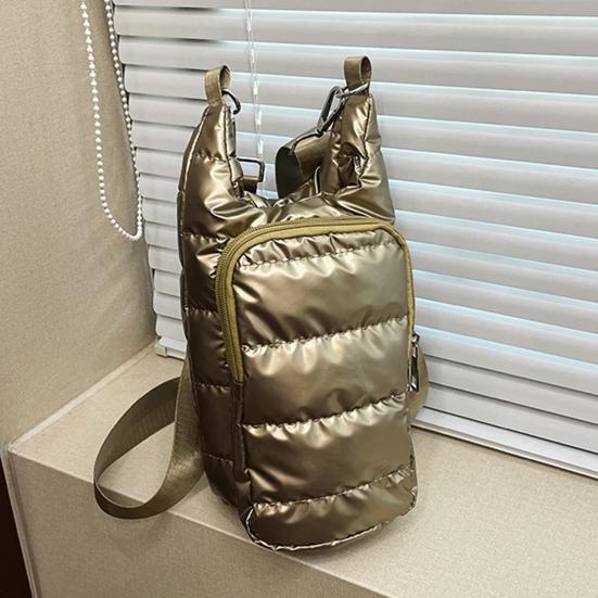 Water Cup Bag with Wide Shoulder Strap Double Zippered Pockets Waterproof Fabric Adjustable Strap Quilted Fabric Phone Bag