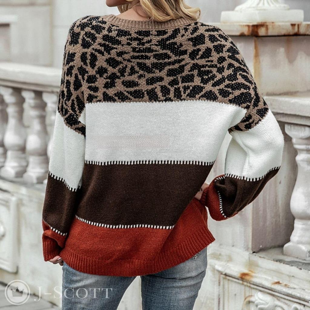J-Scott Women's Leopard Print Knit Sweater with Striped Print, Crew Neck, Drop Shoulder, Long Sleeves, Feminine Casual Loose Fit, Red (JS178-RD-M)
