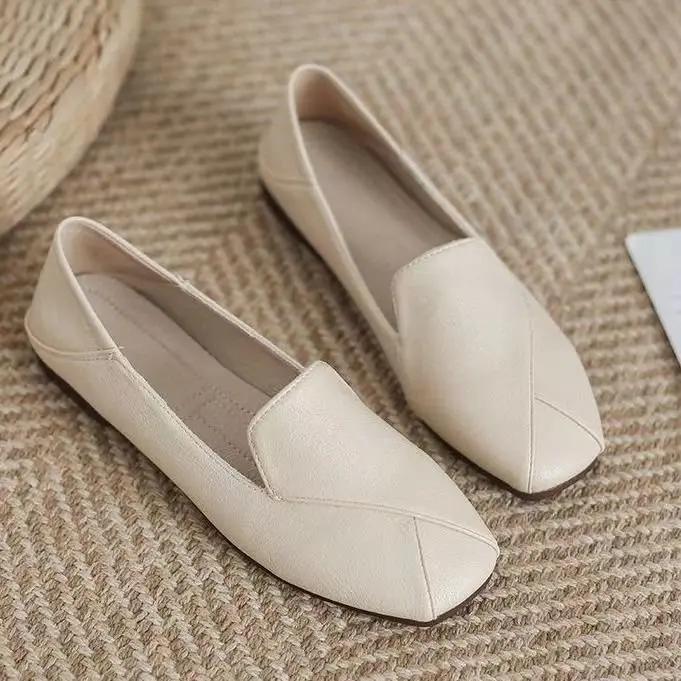 Fashion Ladies Summer Footwear Flat Moccasins Shoes for Women  Loafers Square Toe White Flats Lastest Shoe Casual Korean Style Trend