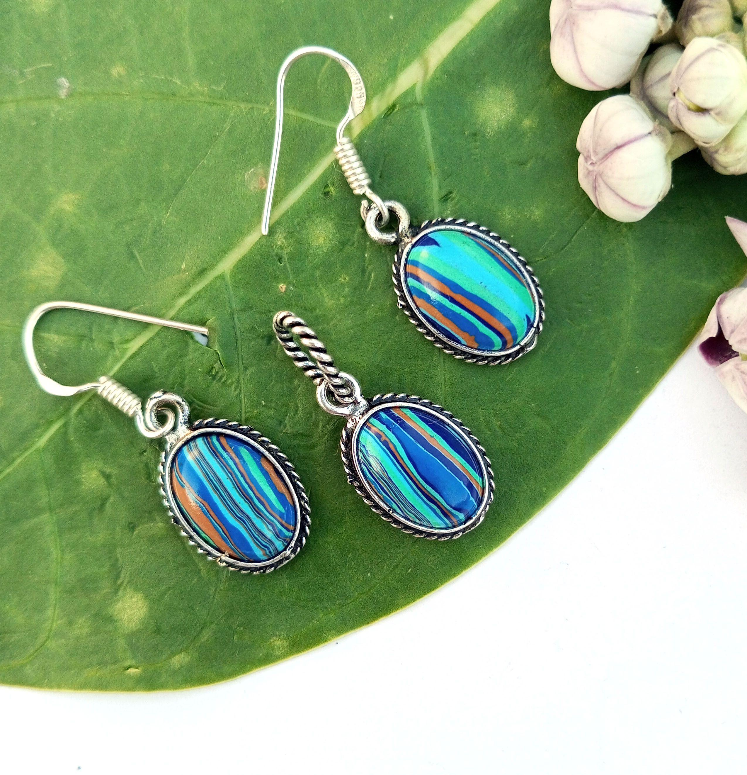 

Blue Calsilica Gemstone 925 Sterling Silver Plated Серьги-подвески Ювелирные изделия