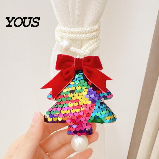 Woven Rope Curtain Buckles Sequined Tree Tieback, Sparkling Christmas Holder with Reusable Fabric Ties Bow, Decorative Drapery Holdback for