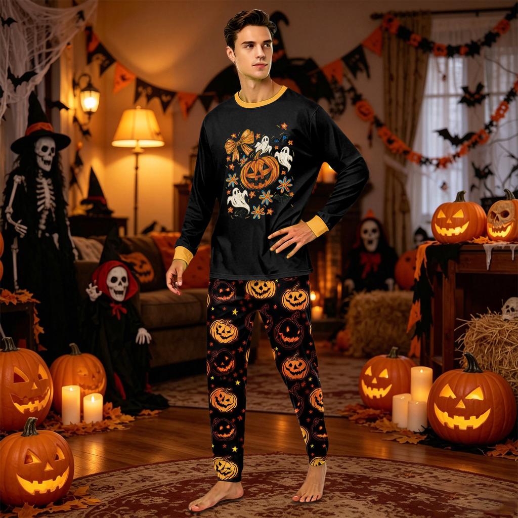 Halloween Familien Pyjama Set Langarm Oberteil und Hose Passendes Nachtwäsche Weich Bequem Loungewear für Erwachsene und Kinder