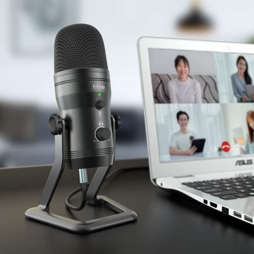 FIFINE USB Microphone, Condenser Stereo Recording Microphone with Mute Button and 3.5mm Earphone Jack for Audio Monitoring, Adjustable Polarity, for C