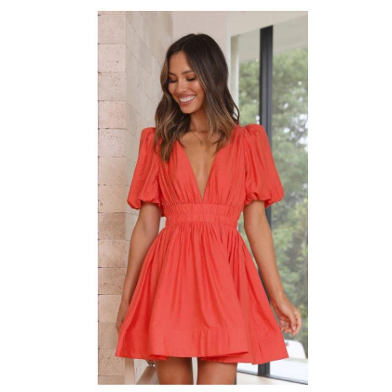 

Lantern Sleeve Dress New Sexy V-neck Lantern Sleeve Princess Dress Women Fashion Short Sleeve Dress Red L