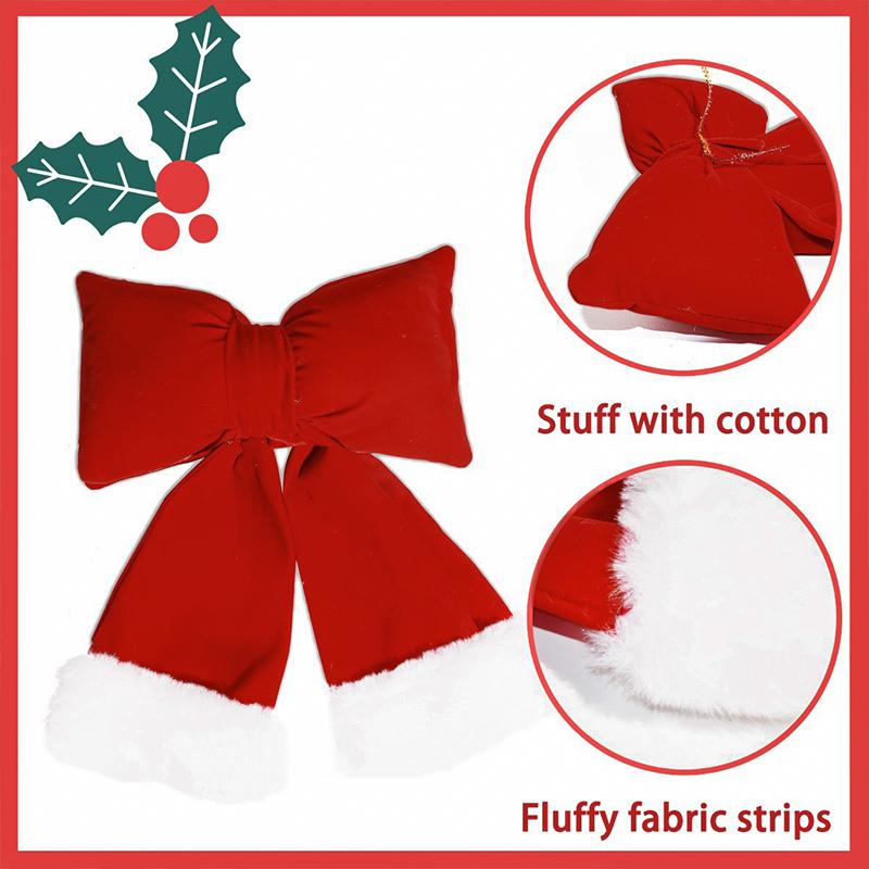 1PC Cotton Padded Bows Home Decor Flannel Christmas Velvet Bow Decoration Thanksgiving With White Fur Trim Holiday Decor 3 Sizes