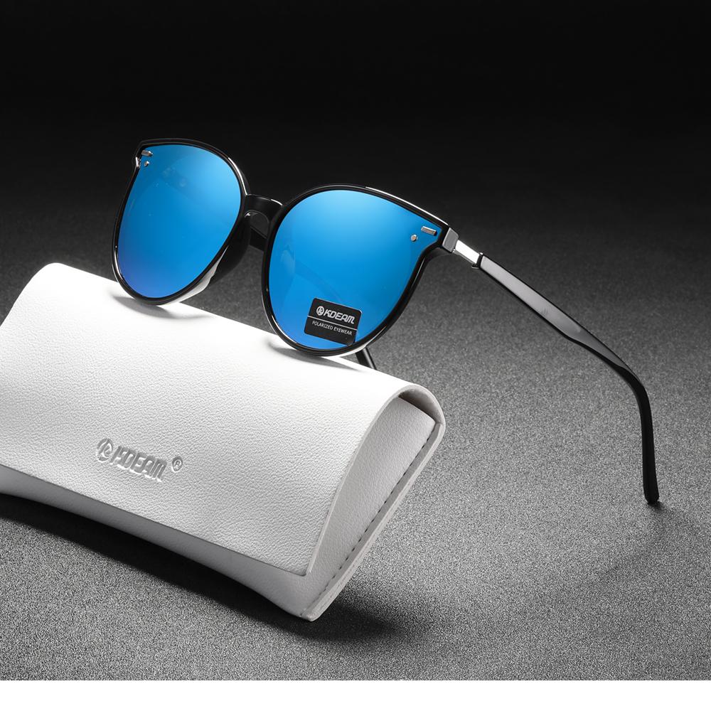 KDEAM Soft TR90 Material Women Sunglasses Cat Eye Polarized UV400 Mirror Sun Glasses Round Black Shades With Leather Case
