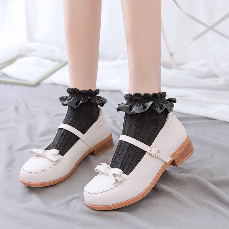 Damen Socken Lolita Stil Japanisch Kawaii Niedlich Rüschen Socken Einfarbig Weiß Schwarz Netzspitze Mädchen Süße Harajuku Kurze Socken